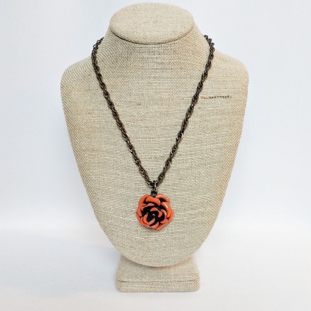 Ollipop Metal Signed Red Rose Pendant Necklace